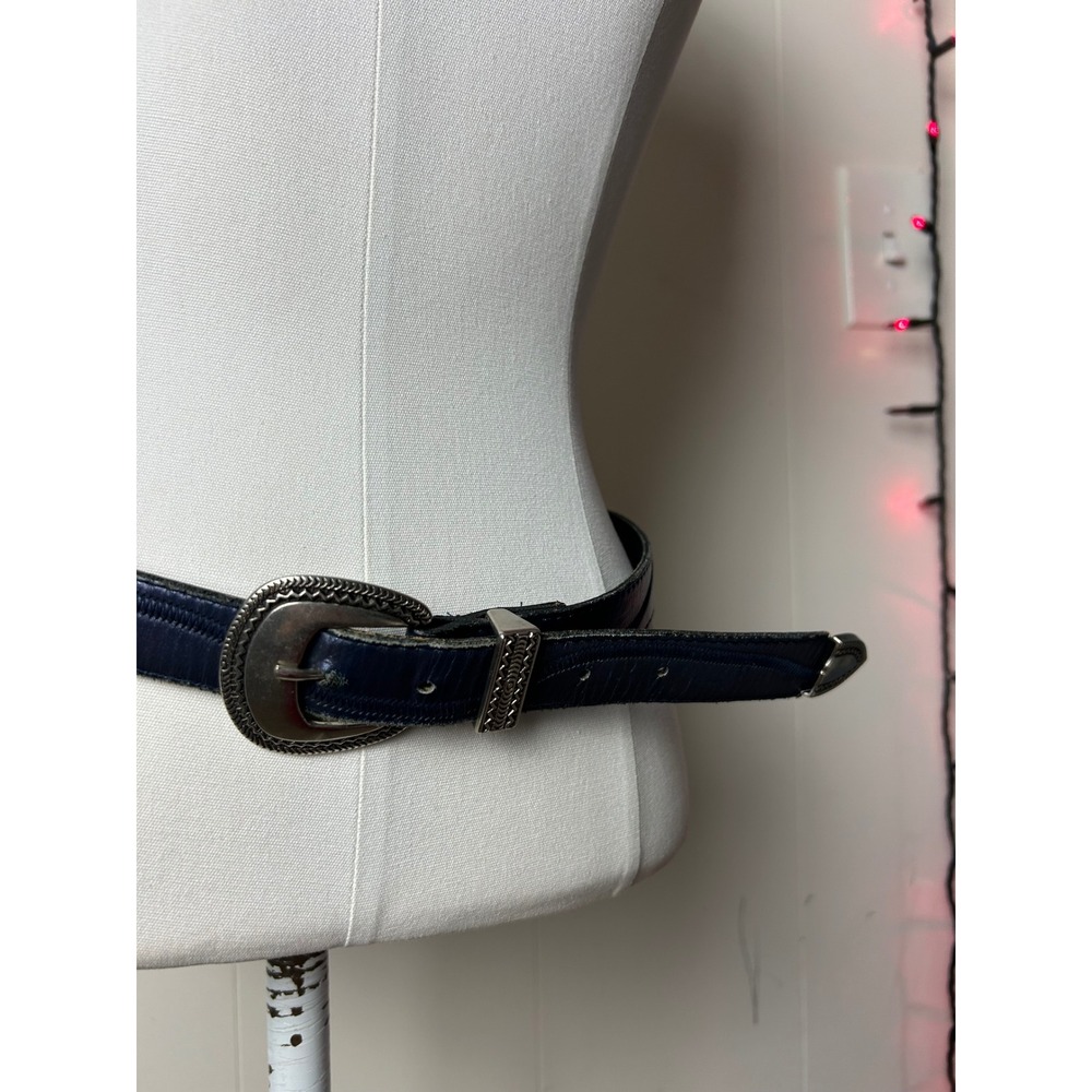 Vintage Navy Blue Leather Western Belt Silver M Ranch Boho Festival Cowboy - Picture 4 of 10